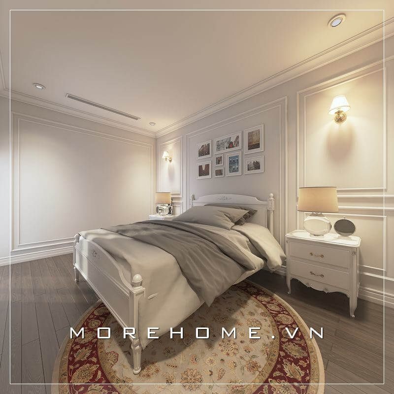 Mẫu giường ngủ chung cư cao cấp được thiết kế theo phong cách tân cổ điển sang trọng, phần chân giường cách điệu được lựa chọn mang lại cảm giác rộng thoáng hơn